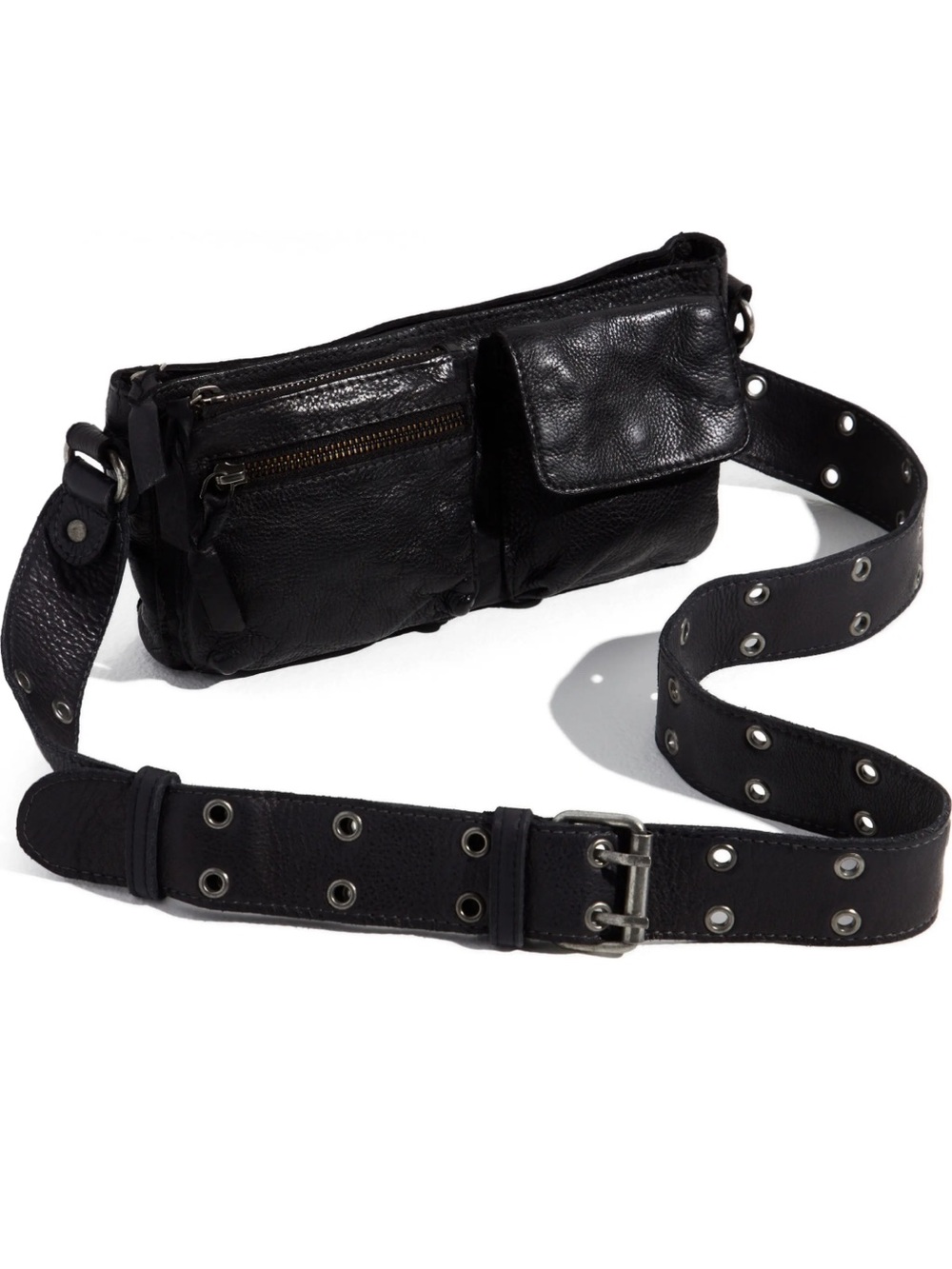 Free People Wade Leather Sling Bag Black Grommets Buckle Adjustable